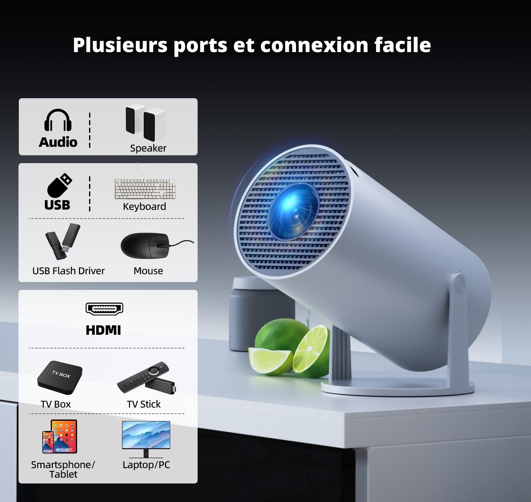 Vidéoprojecteur 4K Mini Projecteur Portable Android 11 avec BT 5.0 et WiFi 6, projecteur Video avec Auto Keystone, 220° Rotation retroprojecteur Compatible avec USB/PS/HDMI/TV Stick