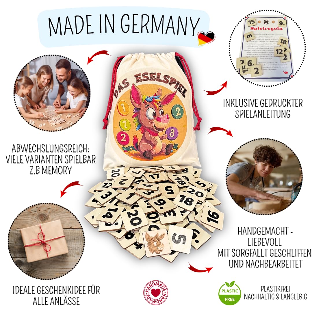 Mutou Das Eselspiel Eckig 2.0 – Volle Zahlen – 121 Teile aus Holz mit Stoffbeutel – Handgefertigtes Familienspiel - Lernspiel - Geschenk - Partyspiel - Gesselschaftsspiel - Reisespiel