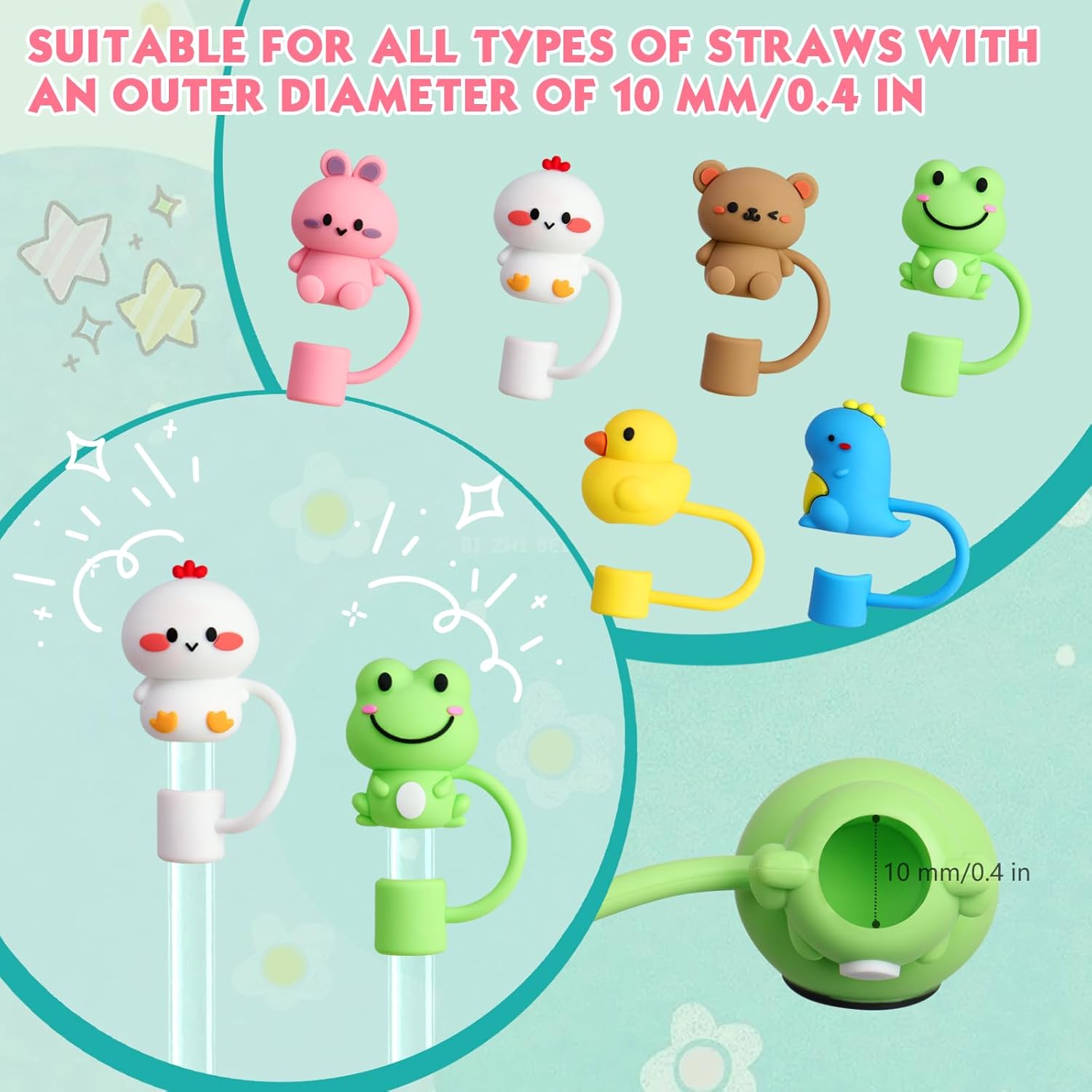6Pcs Straw Covers Cap, Cute Animals Silicone Straw Toppers Compatible with Stanley Cup, Drinking Straw Caps for 0.4 Inch/10 mm Straw Tips - Image 2