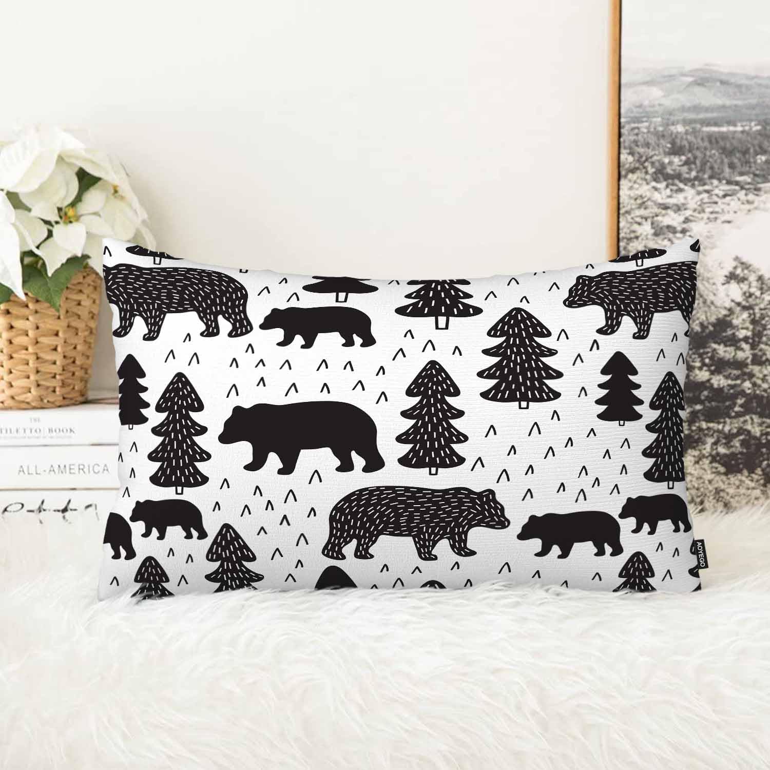 AOYEGO Woodland Bears Pillow Case Rustic Mountain Grizzly Bear Home Decor Cushion