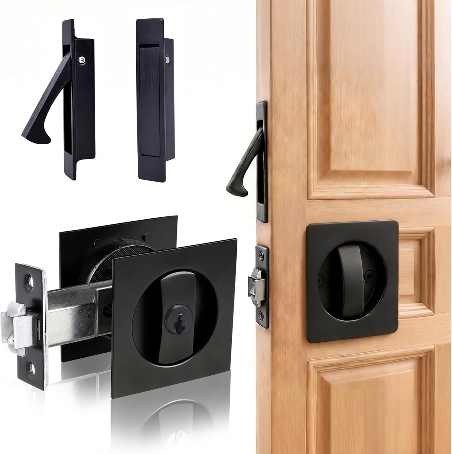 Dontay Pocket Door Key Lock with Edge Pull Handle,1 3/8" Backset,Stainless Steel Recessed 2 Sided,Hardware for 1 3/8" to 2 3/16" Sliding Door&Bathroom Doors (Matte Black, Square - 1 Set)