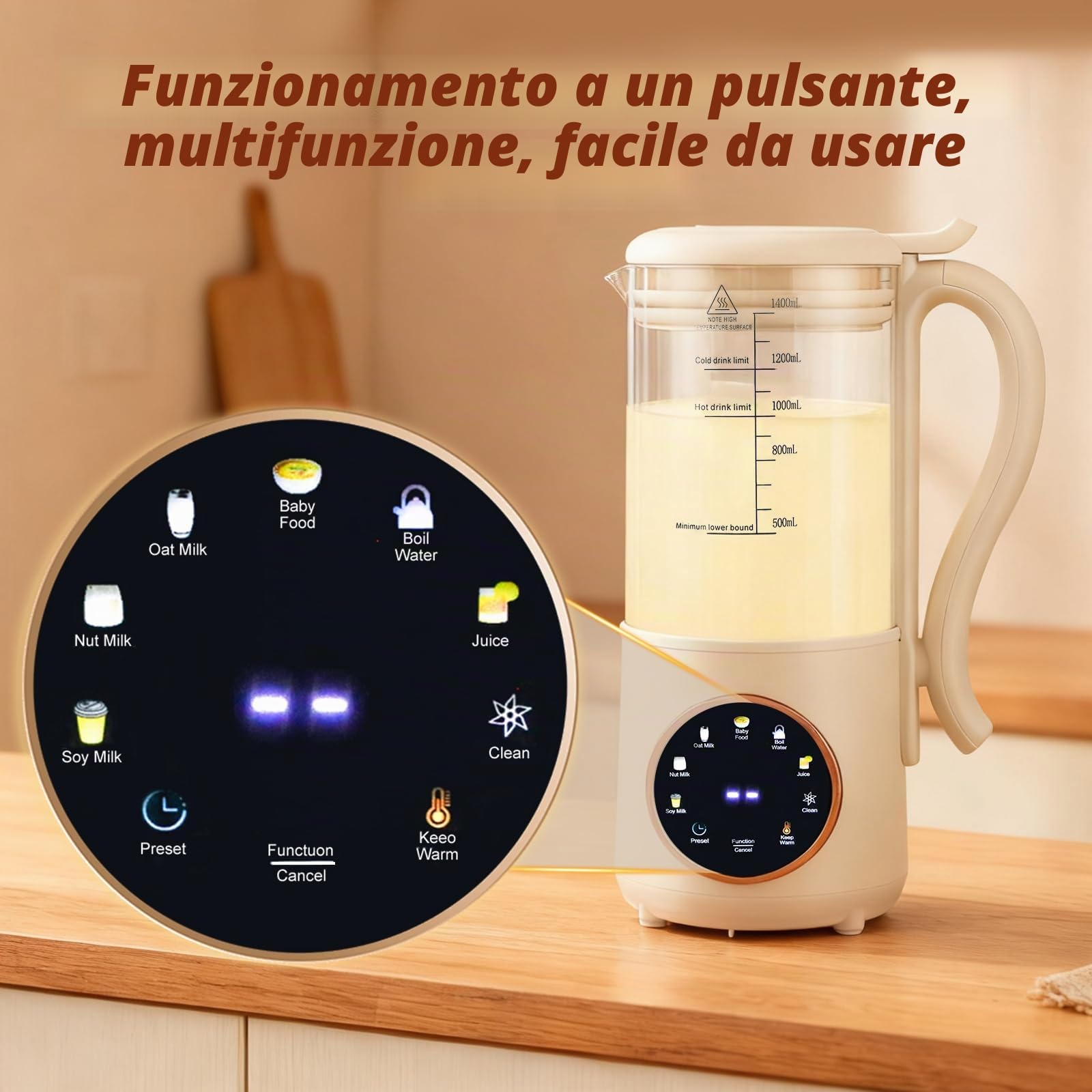 Macchina per il latte di noci, 1400 ml, multifunzione, automatica, con display LED, con funzione di autopulizia e avvio ritardato, per latte vegetale fatto in casa, soia, avena