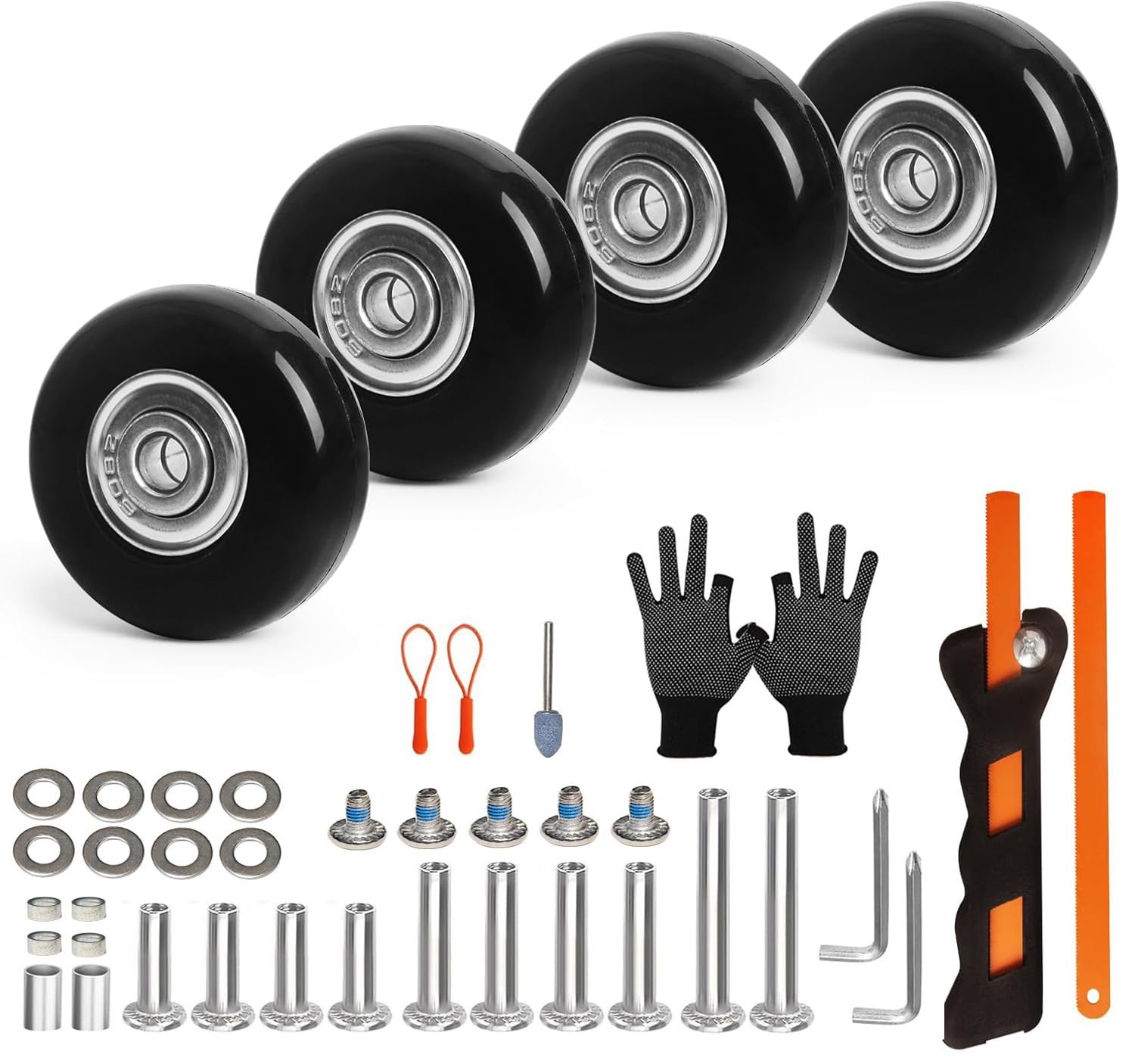 Luggage Wheels Replacement Kit 4PC Diameter 1.6in/40mm Thick 0.7in/17mm PU Wheels with Ball Bearing 3 Size Axles Full Set Repair Tool for Suitcase Trolley Bag Draw-bar Travel Box