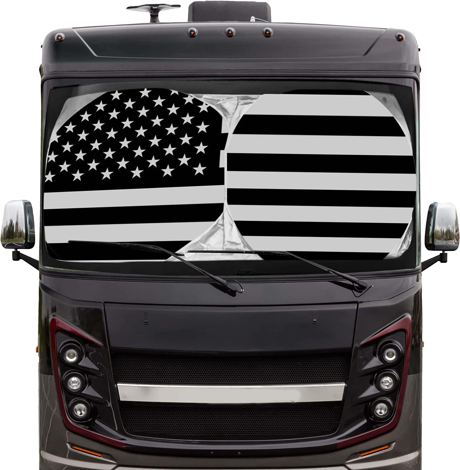 KOOUFE School Bus Windshield Sunshade, 240T UV Blocking Keeps RV Motorhome Cool, American Flag Patterned, Fits Most Vehicles, 51