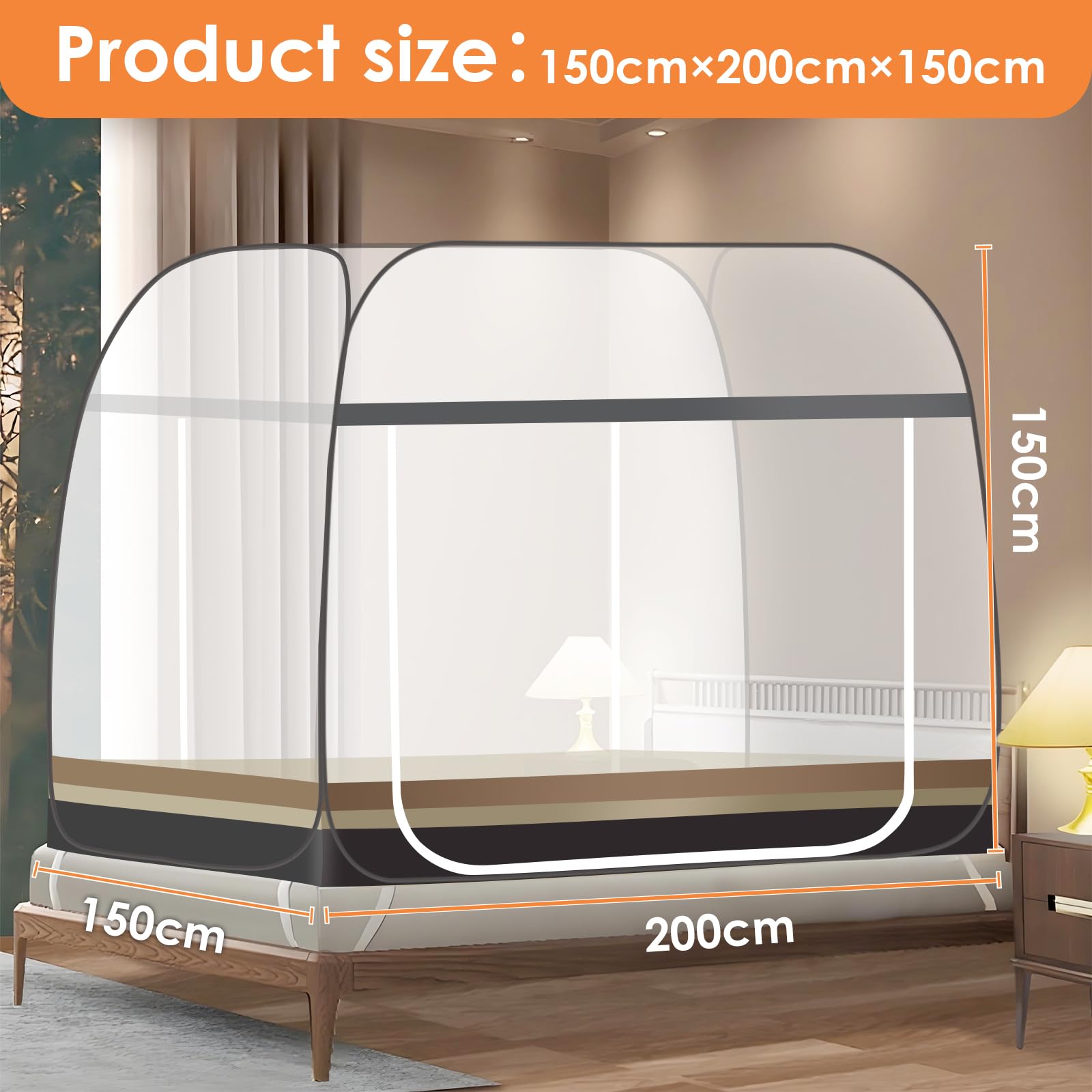 Moustiquaire pour lit,Tente Portable de Voyage Pliable avec Double Porte avec Fond Facile à Installer, Efficace Contre Les Bites de Moustiques pour Chambre, Camping, Voyage (200 * 150 * 150cm)