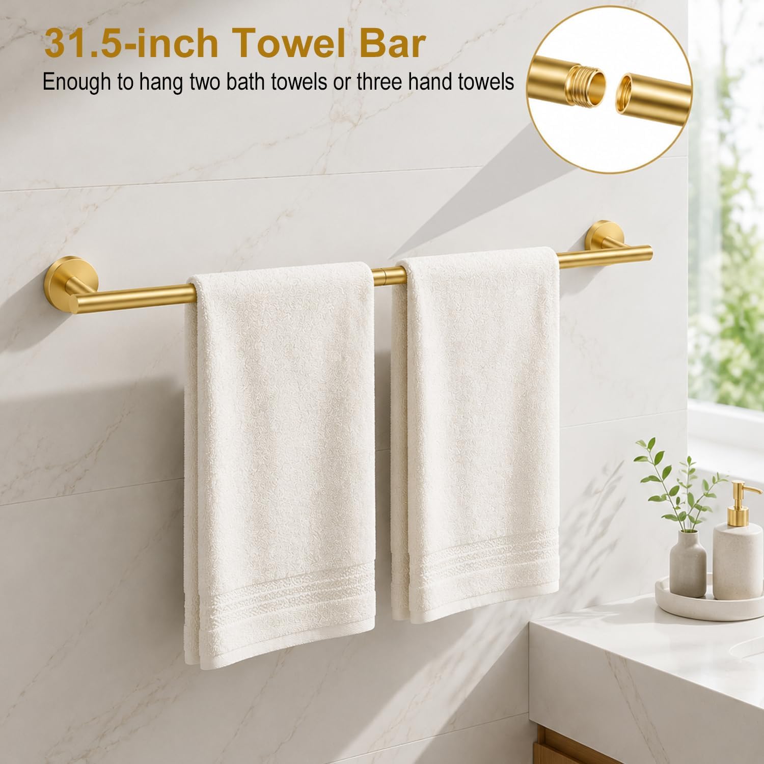 Condition photo showing New/Like New for brushed gold bathroom accessories set, 7 pieces gold towel bar bathroom hardware set, 31.5 inch towel racks for bathroom, sus304 stainless steel bathroom towel holder toilet paper holder wall mounted