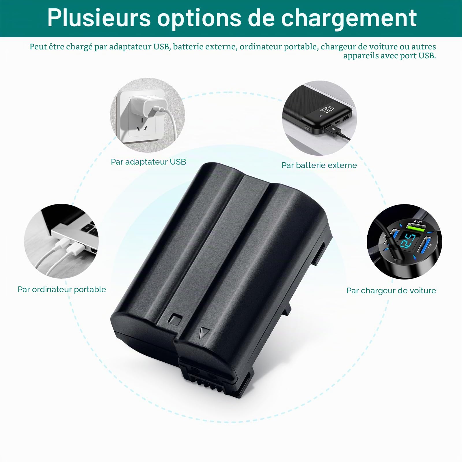EN-EL15/EL15a/15b/15c Lot de 2 batteries 2550 mAh compatibles avec Nikon D7000, D7100, D7200, D7500, D500, D600, D600E, D610, D750, D780, D800, D800E ,D810 D810E, D850, V1, Z5, Z6, Z7, Z62, Z72