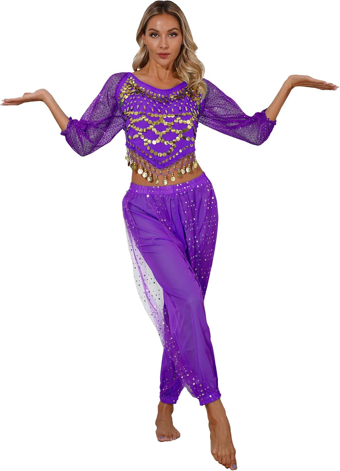 XUNZOO Women Belly Dance Outfits Sequin Puff Sleeve Coin Top Lantern Pants Set Halloween Carnival Costume
