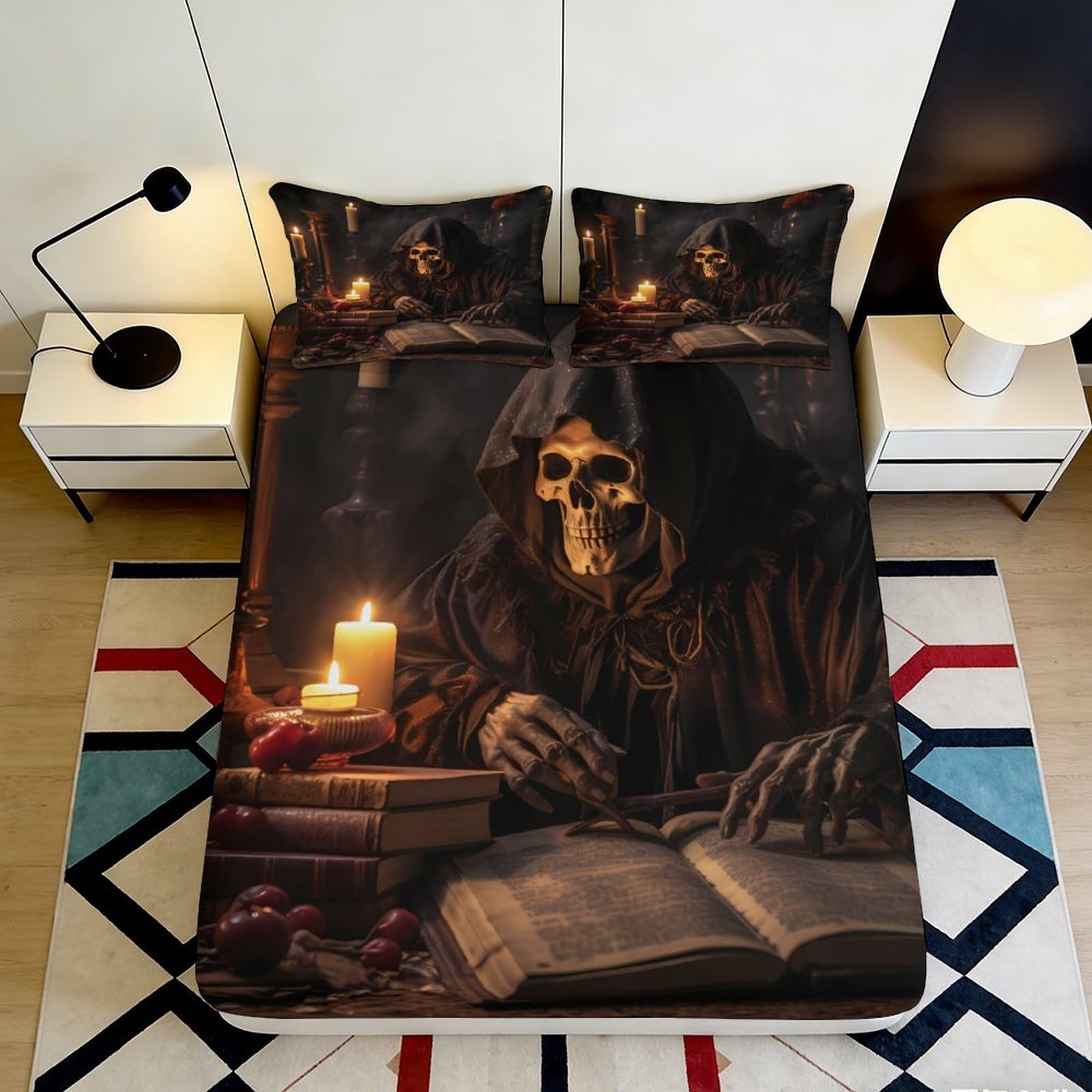 3D Printed Grim Reaper Fitted Sheet Microfiber Soft Bedroom Decor Candle Skull Bed Cover for Home Dorm 90x200x25cm