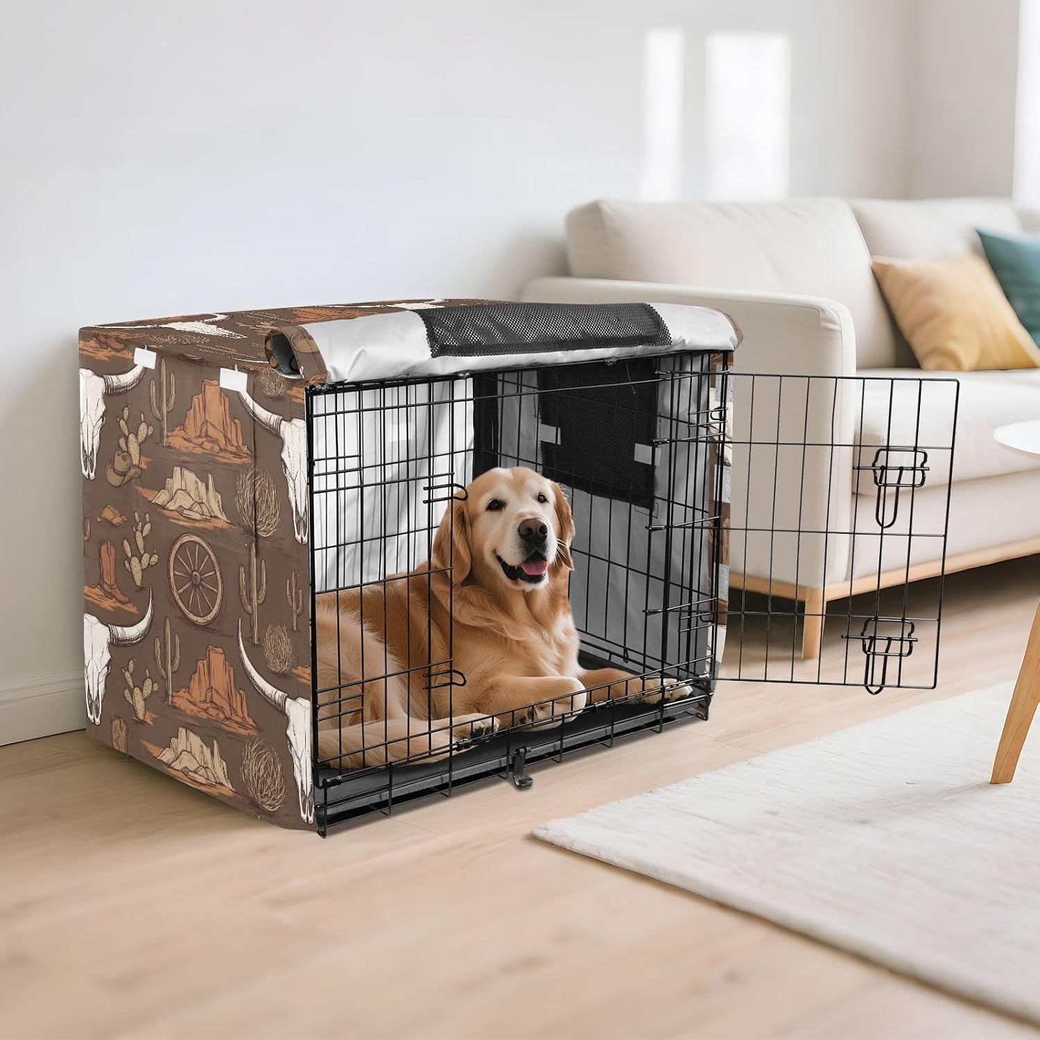 Duty 600D Silver Coated Dog Crate Cover, Water-Resistant Cowboy Elements Pet Kennel Canopy with Mesh Windows for Optimal Ventilation, Universal Fit for Standard Wire Cage, Indoor & Travel
