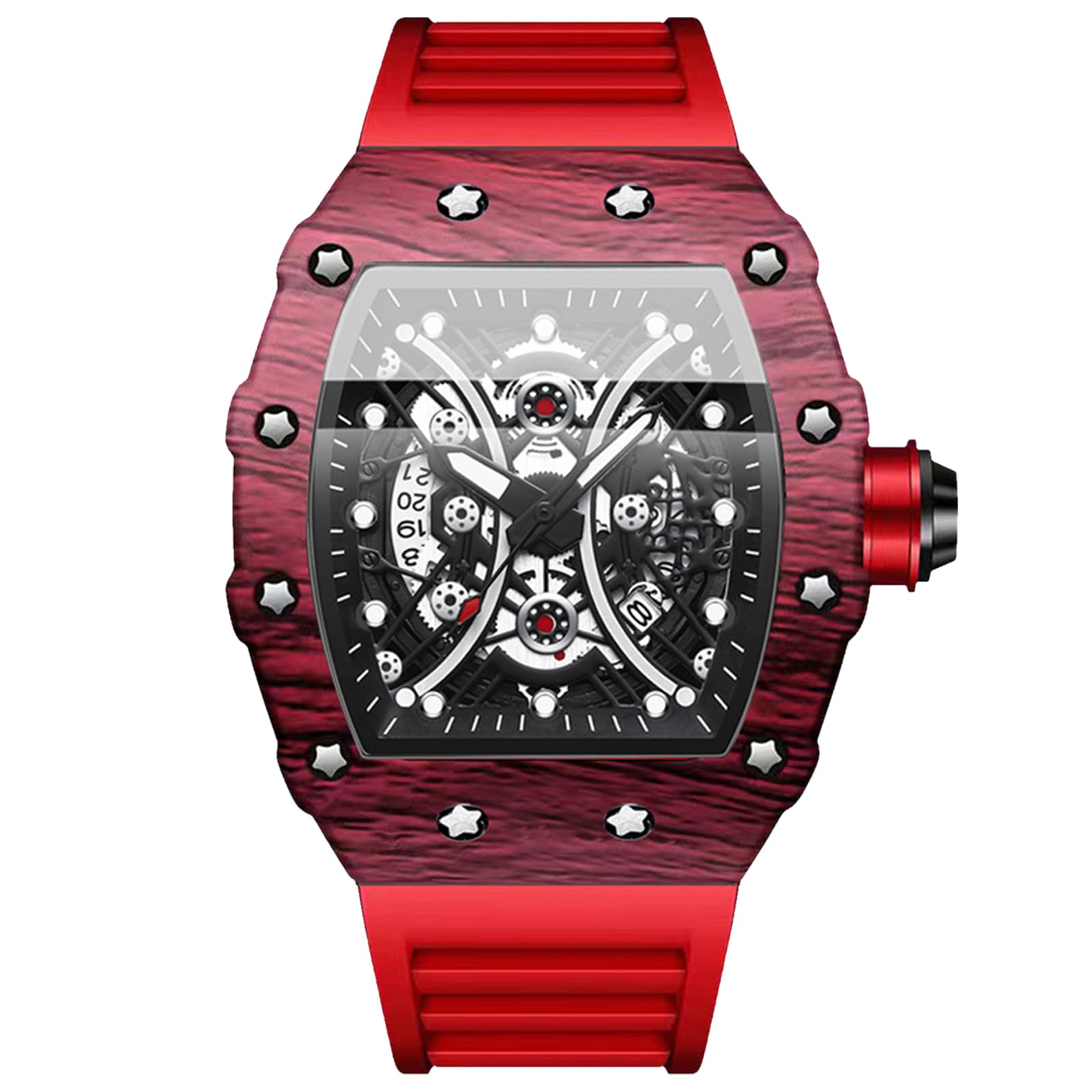 OIDEA Herren Silikon Armbanduhr Tonneau: Sportlich Armband Herrenuhr Analog Quarz Uhr Datum mit Leuchtzeiger großem Zahnrad Zifferblatt Geschenk für Männer Freund Schwarz Grün Rot