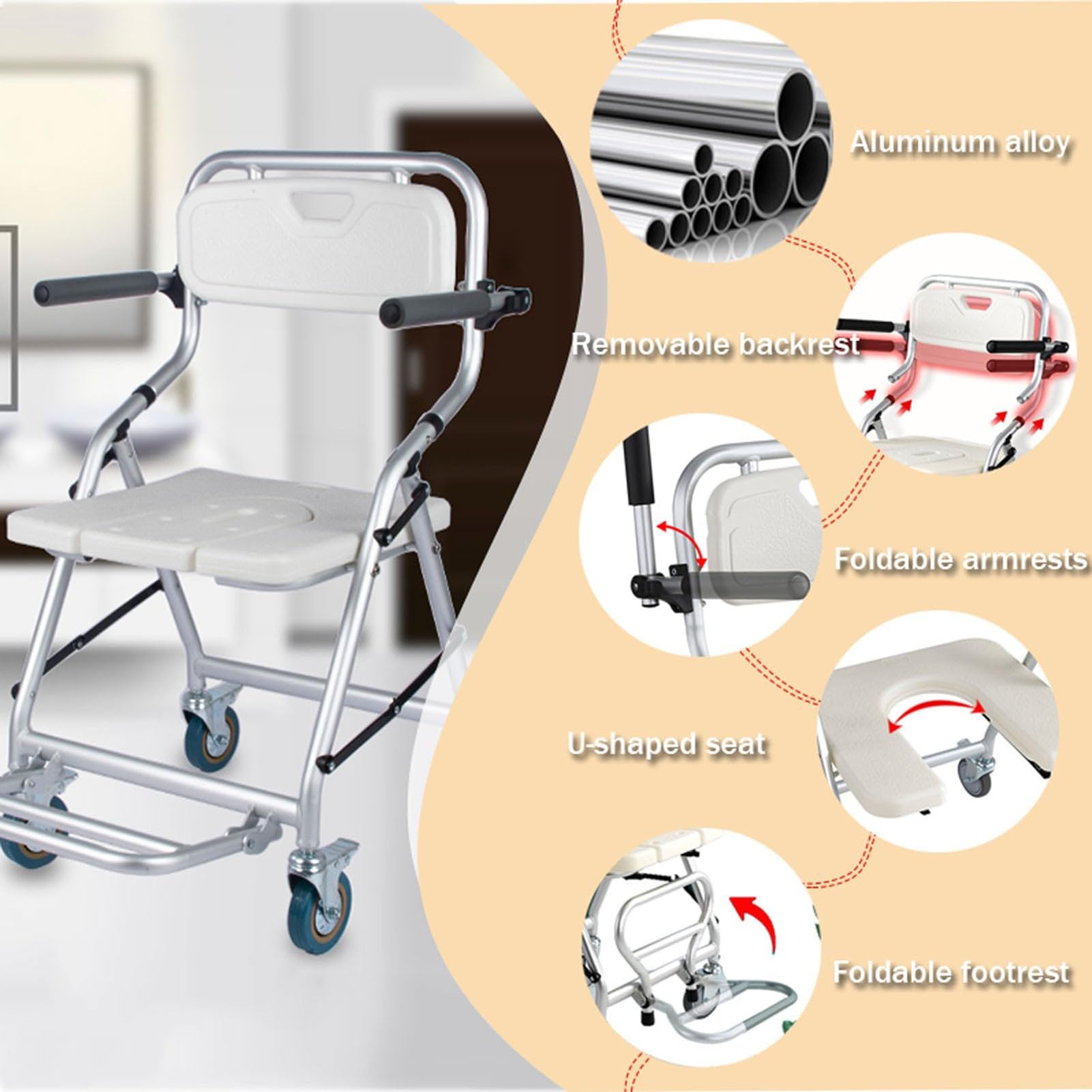 Silla para Ducha para Personas Mayores, Asiento Ducha con Ruedas Plegable, Taburete de Ducha Plegable con Frenos y Respaldo Desmontable, Carga 150kg