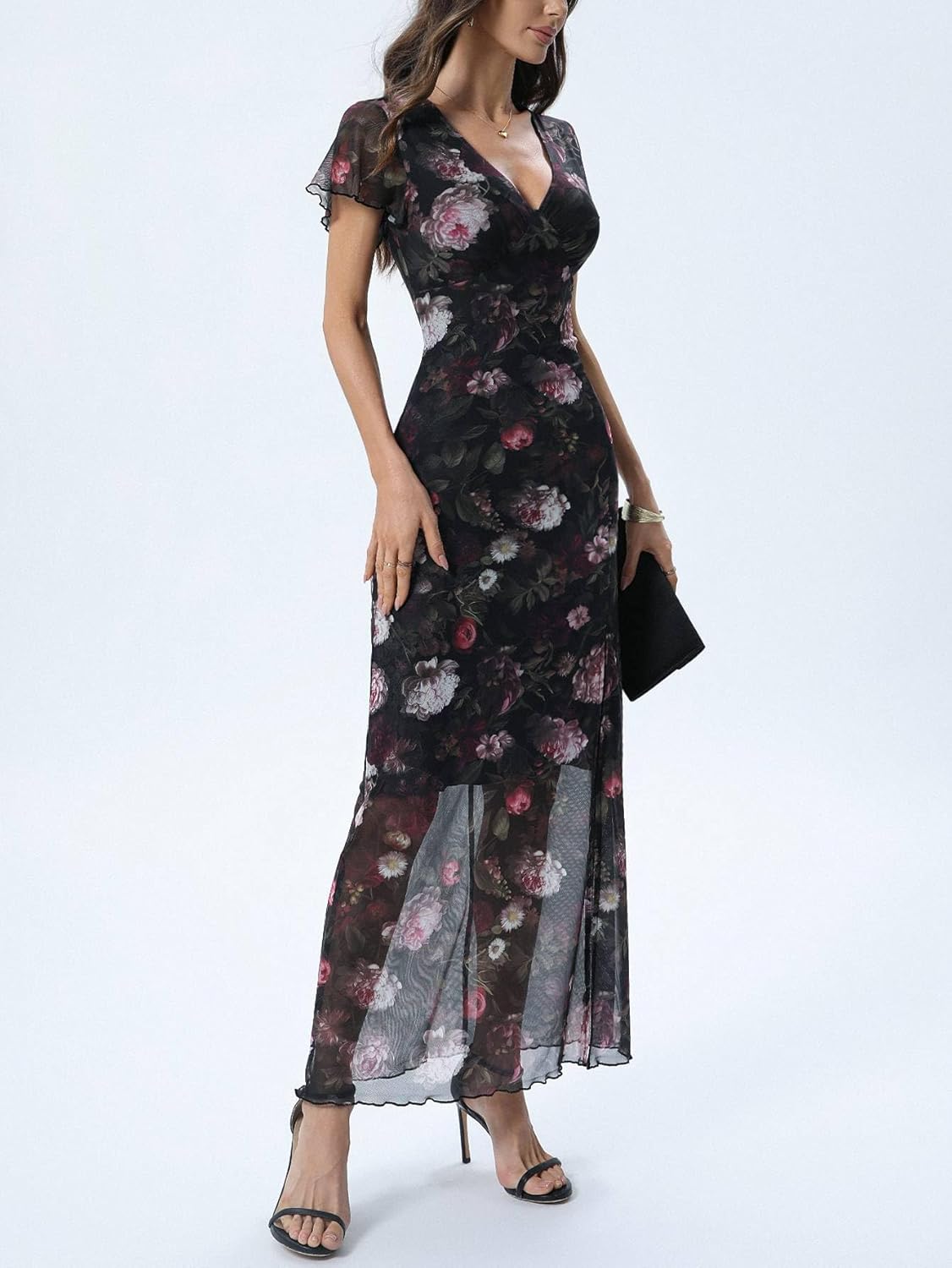 GothDark Women's Summer Floral Mesh Maxi Dress V Neck High Slit Vintage Gothic Boho Beach Elegant Wedding Guest Dresses - Image 2