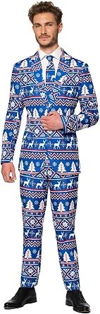 Suitmeister Mens Christmas Suit - Festive Holiday Fun Ugly Nordic X-Mas - Blue - Wit - Size M