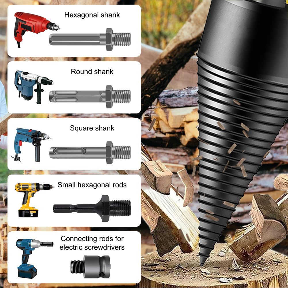 Foret de Fendage de Bois, 32 mm + 42 mm Fendeur de Bûches électrique avec 5 Poignées, Foret à Bois de Chauffage pour Fendeuse de Bois, Fendeuse de Buches électrique pour Perceuse électrique