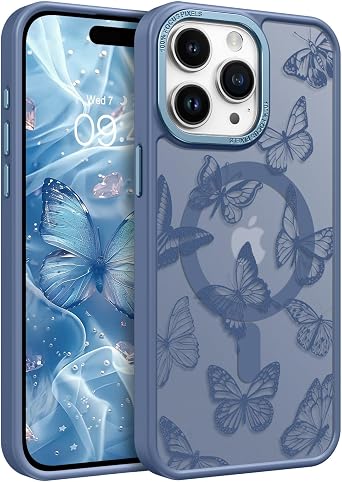BENTOBEN for iPhone 15 Pro Case,Cute Butterfly Pattern iPhone 15 Pro Magnetic Case [Compatible with MagSafe] Translucent Matte Slim Women Girl Protective Case for iPhone 15 Pro 6.1", Blue