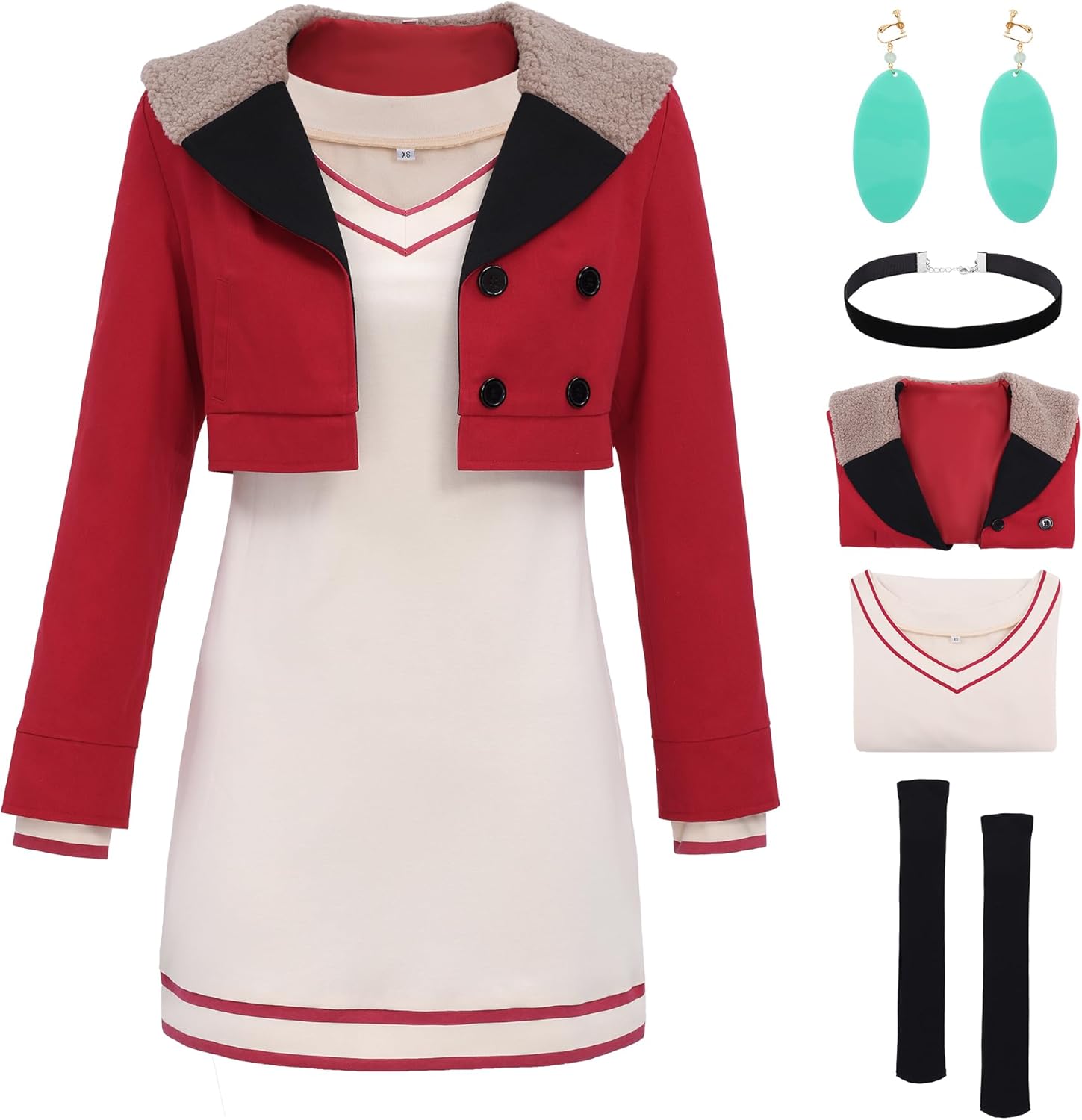 DAZCOS Anime Women Cosplay Costume Full Set Red Suit Jacket Uniform Knitted Dress for Adults Christmas Halloween Party