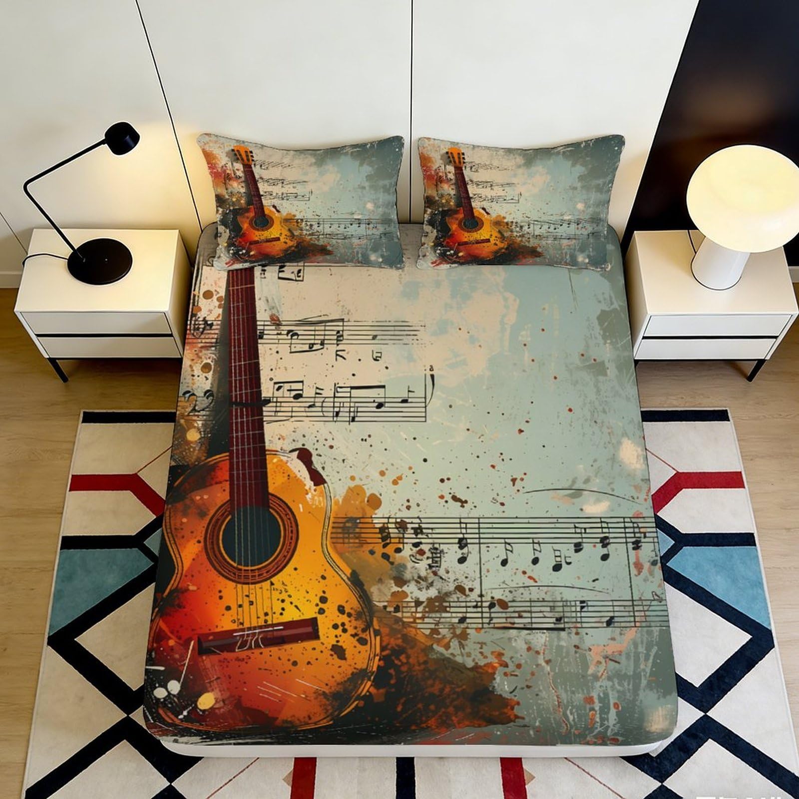 3D Printed Guitar Art Fitted Sheet Microfiber Soft Breathable Music Notes Mattress Cover for Bedroom Dorm Use 140x200x25cm