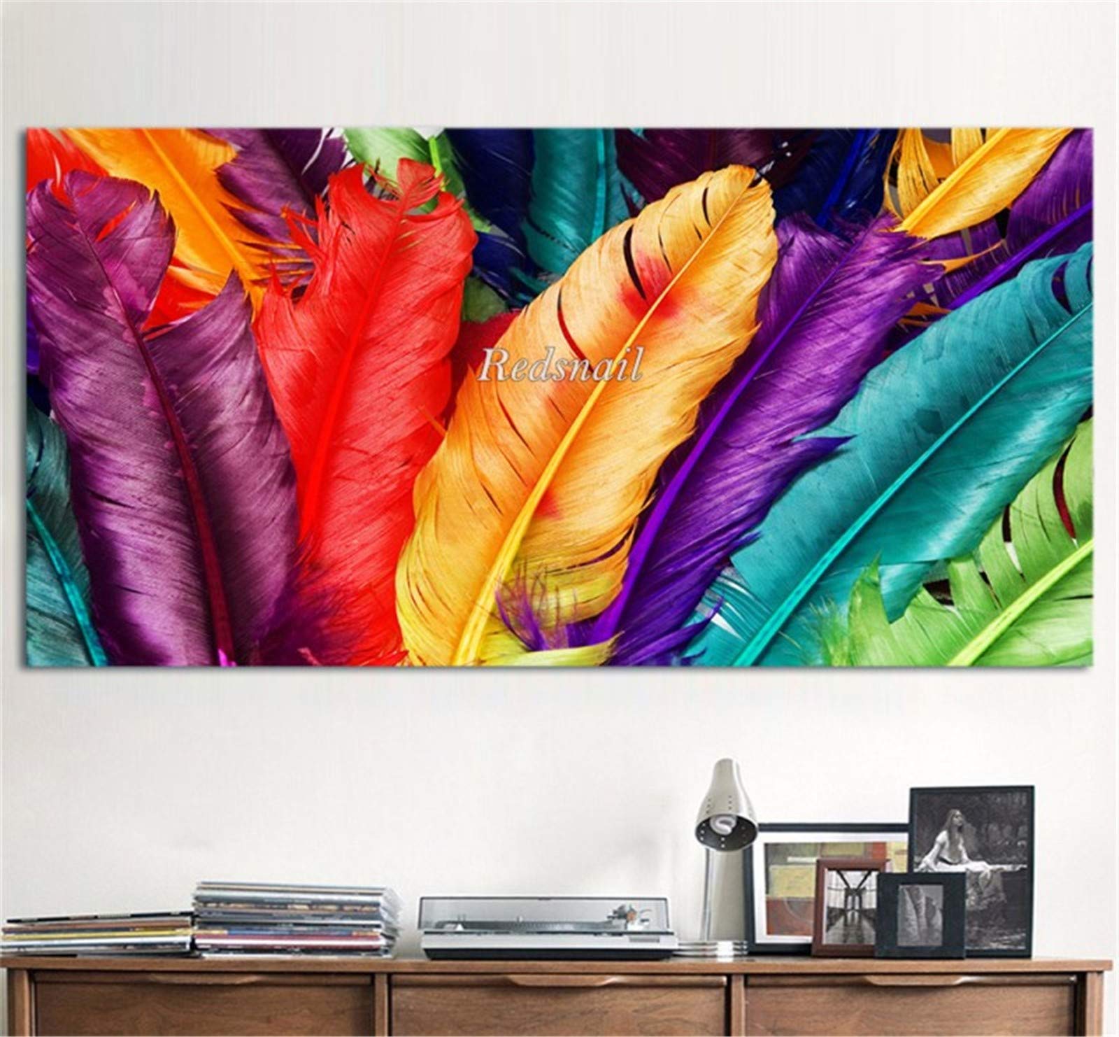 Peinture diamant broderie 5D grand format 16x48" motif plumes strass ronds haute définition