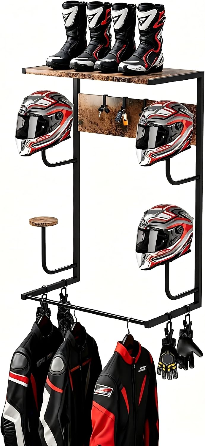 Motorcycle Helmet Holder Wall Mount, Motorcycle Gear Rack with 6 Hat Stands, Helmet Stand for Most Helmet and Clothes, Sturdy Construction Storage Organizer for Garages or Indoor