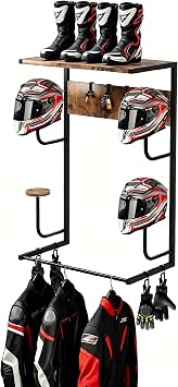 Motorcycle Helmet Holder Wall Mount, Motorcycle Gear Rack with 4 Hat Stands, Helmet Stand for Most Helmet and Clothes, Sturdy Construction Storage Organizer for Garages or Indoor