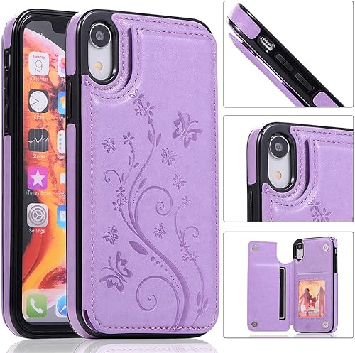 Miniatura 3 de Asuwish Funda para iPhone XR con protector de pantalla de vidrio templado, funda de cuero con soporte para tarjetas, doble cierre magnético y funda