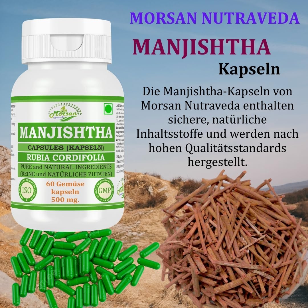 Manjishtha (Rubia Cordifolia, Manjith) Extrakt mit 10:1 Stärke, 500 mg x 60 vegane Kapseln | Ayurvedisches Kräuterergänzungsmittel für Männer und Frauen (2 Flaschen mit 60 Kapseln)