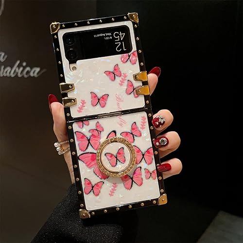 Miniatura 2 de CCSmall Funda cuadrada para Samsung Galaxy Z Flip3 con soporte de anillo para mujeres y niñas, bonita y elegante decoración de metal, funda de TPU