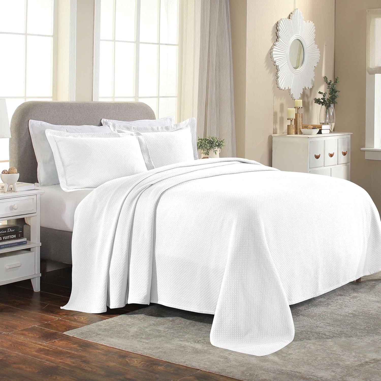 Superior Solitaire Cotton 3 Piece Bedspread Set, Home Bed Decor, Decorative Textured Bed Spread, 2 Pillow Shams, Airy Blanket, Matelasse Coverlet Bedding, All-Season Accent Blanket, Full, White