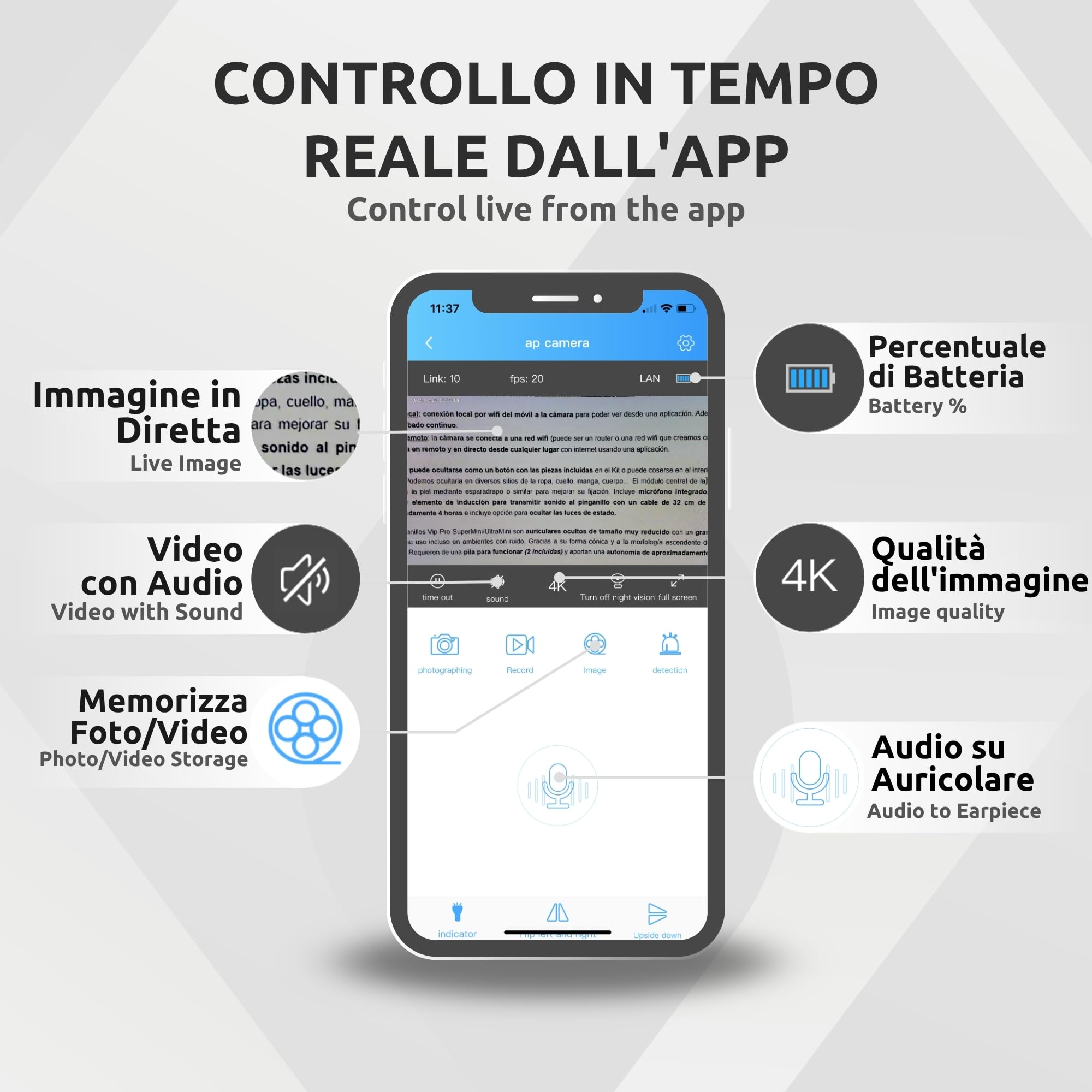 PingaOculto Mini Telecamera Spia Nascosta WiFi con Auricolare Spia Invisibile per Smartphone - Lente Camuffata a Bottone e Controllo Remoto (Camera Wifi Pro Batteria Integrata + Vip Pro SuperMini)