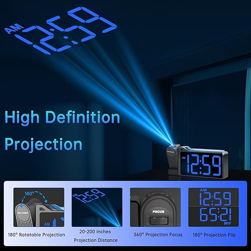 Miniatura 2 de Peakeep Projection Alarm Clock for Bedroom Ceiling 180 Rotatable, Loud for Heavy Sleepers, Colorful Nightlight, 5 Brightness Dimmable Large Number