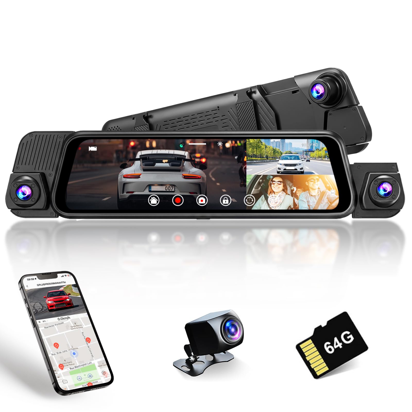 Dashcam a 4 Canali con Specchietto Retrovisore da 1080P e Telecamera Posteriore, con WiFi, Touchscreen IPS da 9,7", Registrazione in Loop, Visione Notturna IR e Sensore G,Scheda da 64 GB in Omaggio