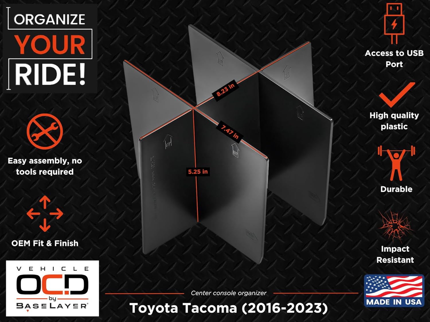 Vehicle OCD - Center Console Divider, Tray, and Glove Box Organizer for Toyota Tacoma (2016-2023) - Made in USA - SLX501