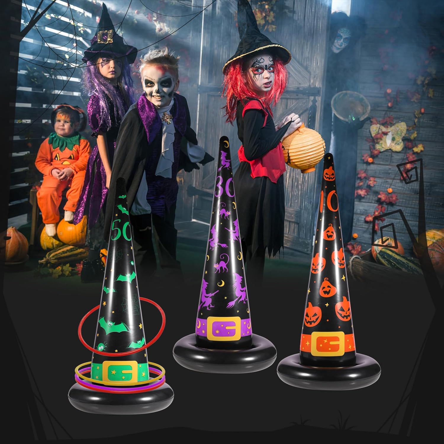 Halloween Ring Toss Game Set, Inflatable Witch Hat Ring Toss Game with 10 Plastic Rings and Air Pump, Super Fun Halloween Games for Family Party Supplies Halloween Decorations