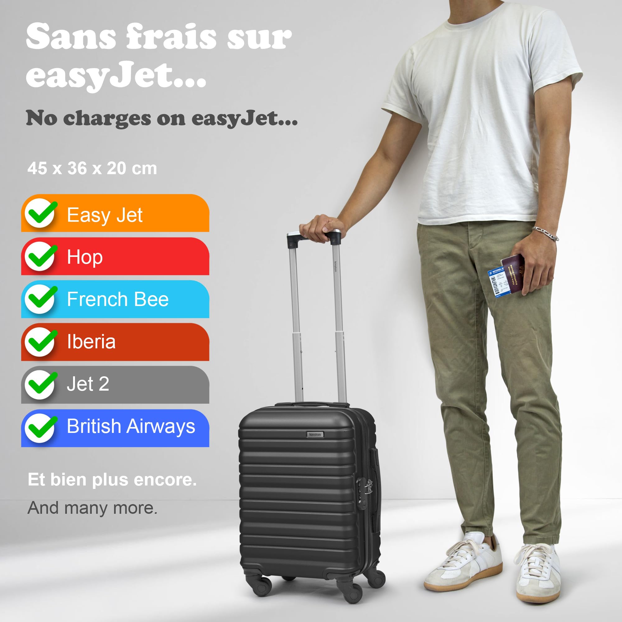 KINSTON Maleta de Cabina para EasyJet 4 Ruedas Desmontables Tamaño LowCost - Equipaje de Mano Ligero y Duradero, Ruedas Giratorias Extraíbles - Negro