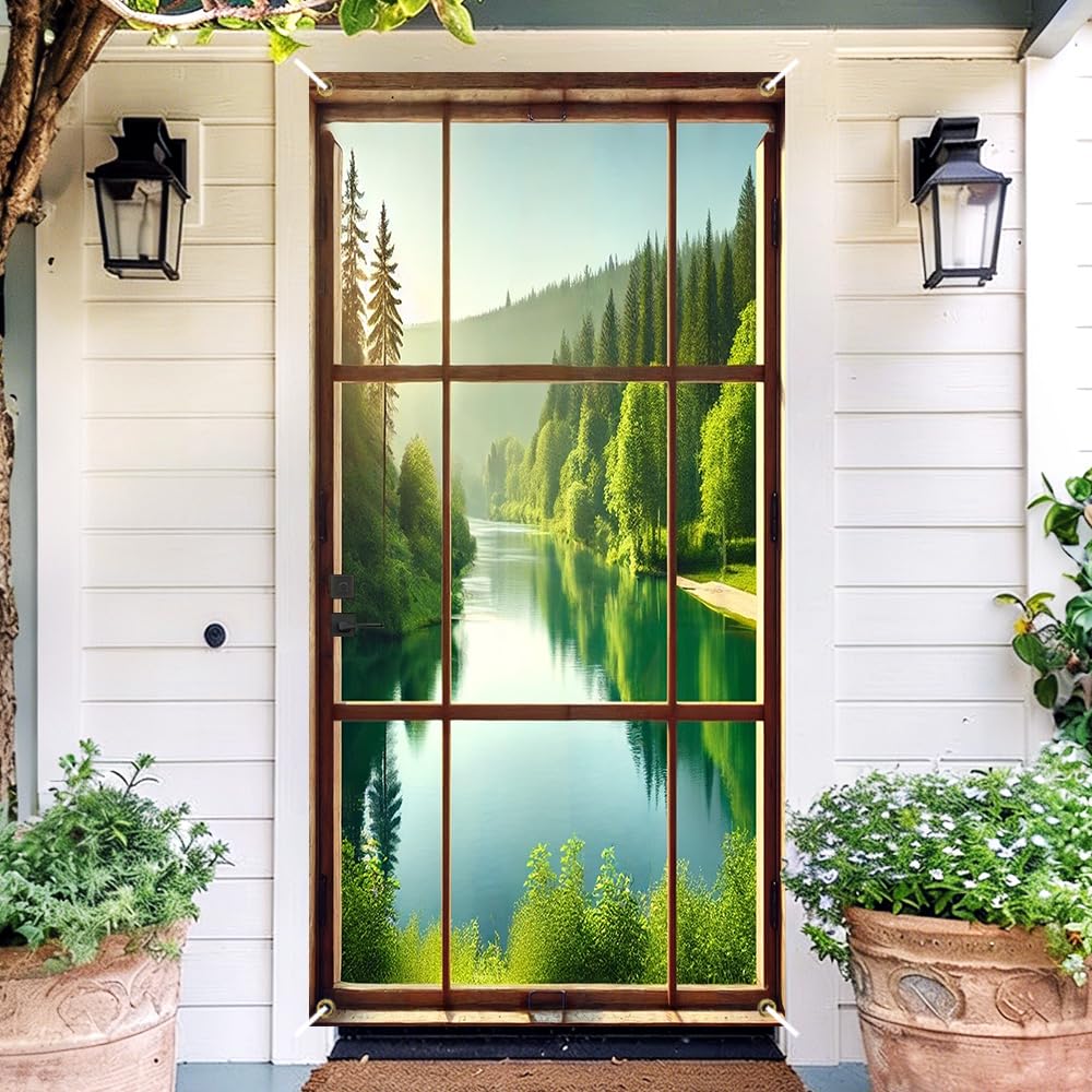 Faux Window Door Cover - Forest Lake Front Door Decorations