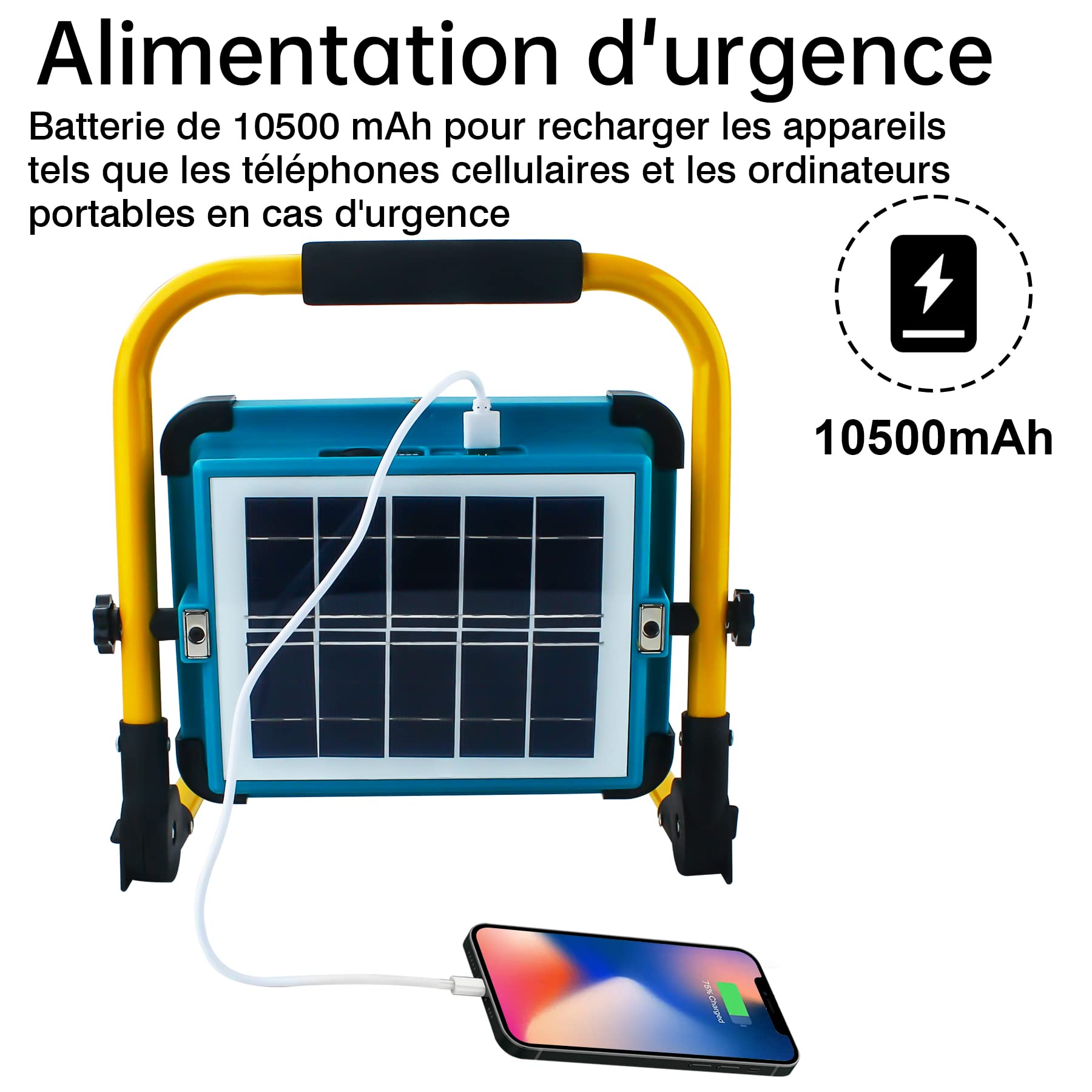 Projecteur LED Rechargeable avec Support, Projecteur LED Chantier Batterie Intégrée de 10500 MAh,4 Mode d'éclairage, Idéal pour les chantiers de construction, l'éclairage d'urgence