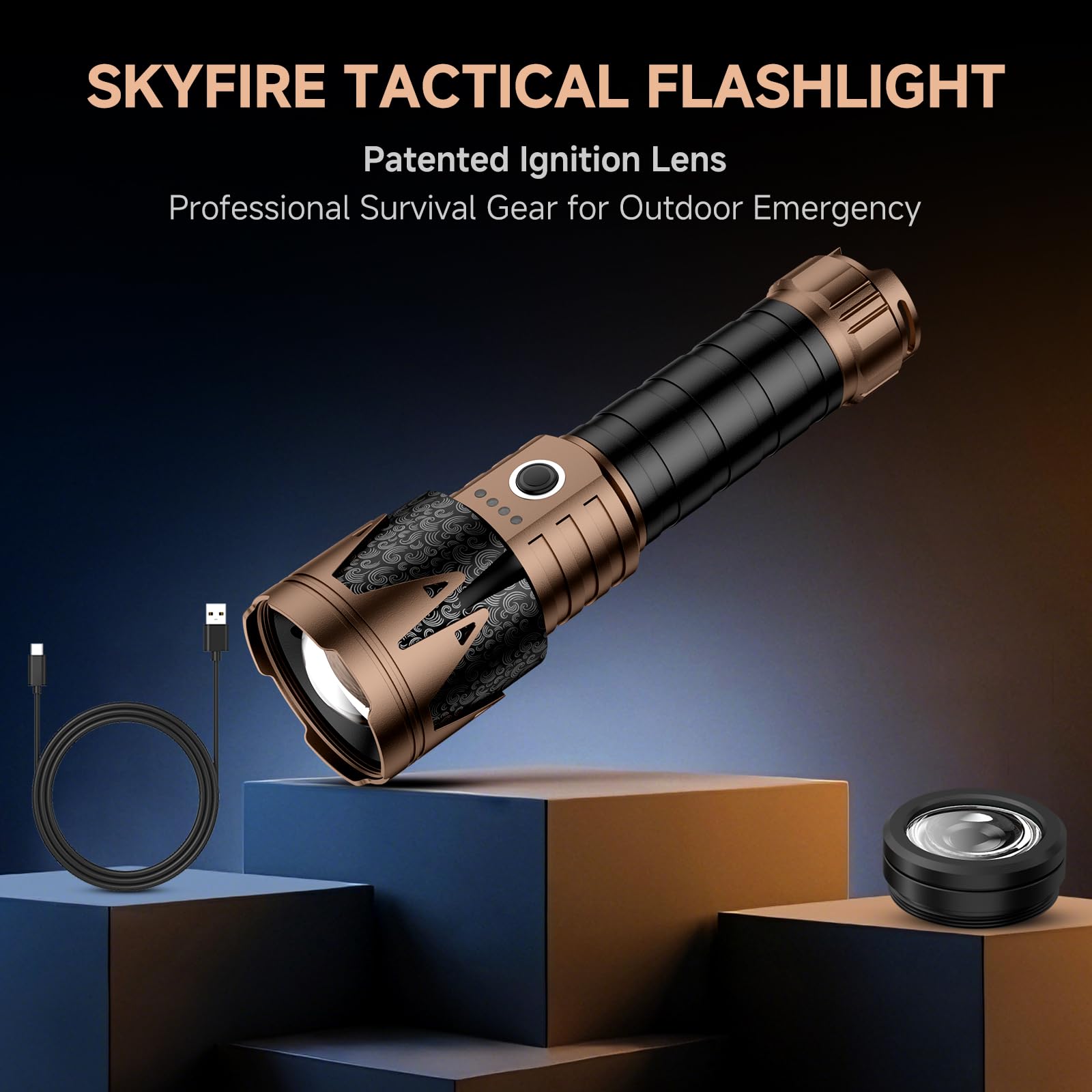 SKYFIRE Torcia professionale a LED, ricaricabile, 8000 lumen, estremamente luminosa, con lente di accensione antincendio, 6 modalità, IPX6, impermeabile, power bank per campeggio, attività all'aperto