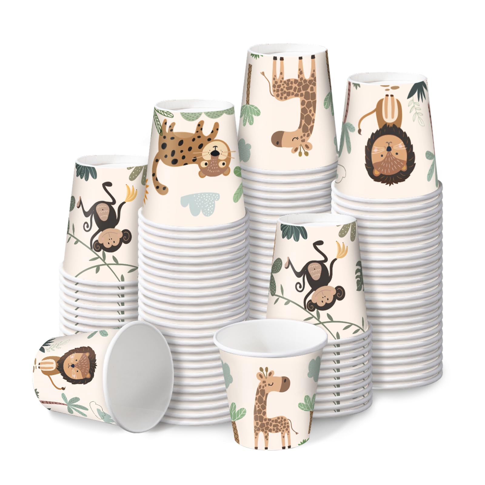 RUSPEPA 3 oz Bathroom Cups, Kids Disposable Paper Cups - 100 Pack Lovely Animals Printed - Monkey Lion Giraffe Leopard Design Mini Mouthwash Rinse