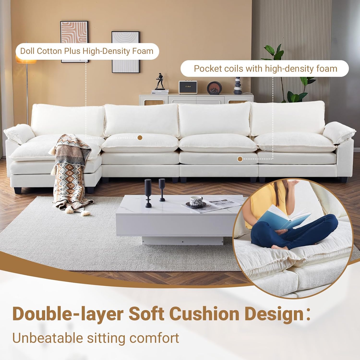 Illustration of the double-layer soft cushion design with doll cotton and high-density foam.