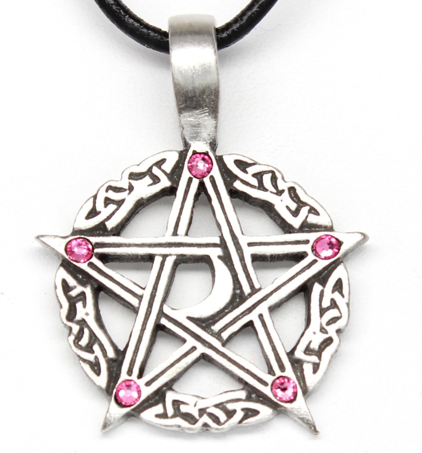 Trilogy JewelryPewter Pentagram Crescent Moon Pendant w/ 5 Swarovski Crystals for Birthday, Black Necklace Cord with Clasp