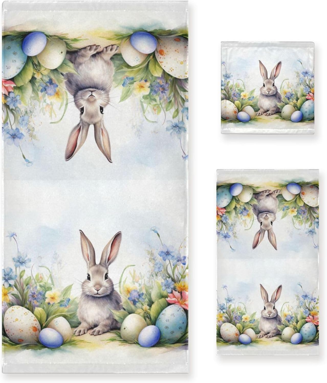 Easter Rabbit Colorful Eggs Bunny Watercolor Flower Microfiber Bath Towel Set, 3 Piece, Oversize, Quick Dry, Lint Free, Includes Body, Hand and Face Towels for Bathroom