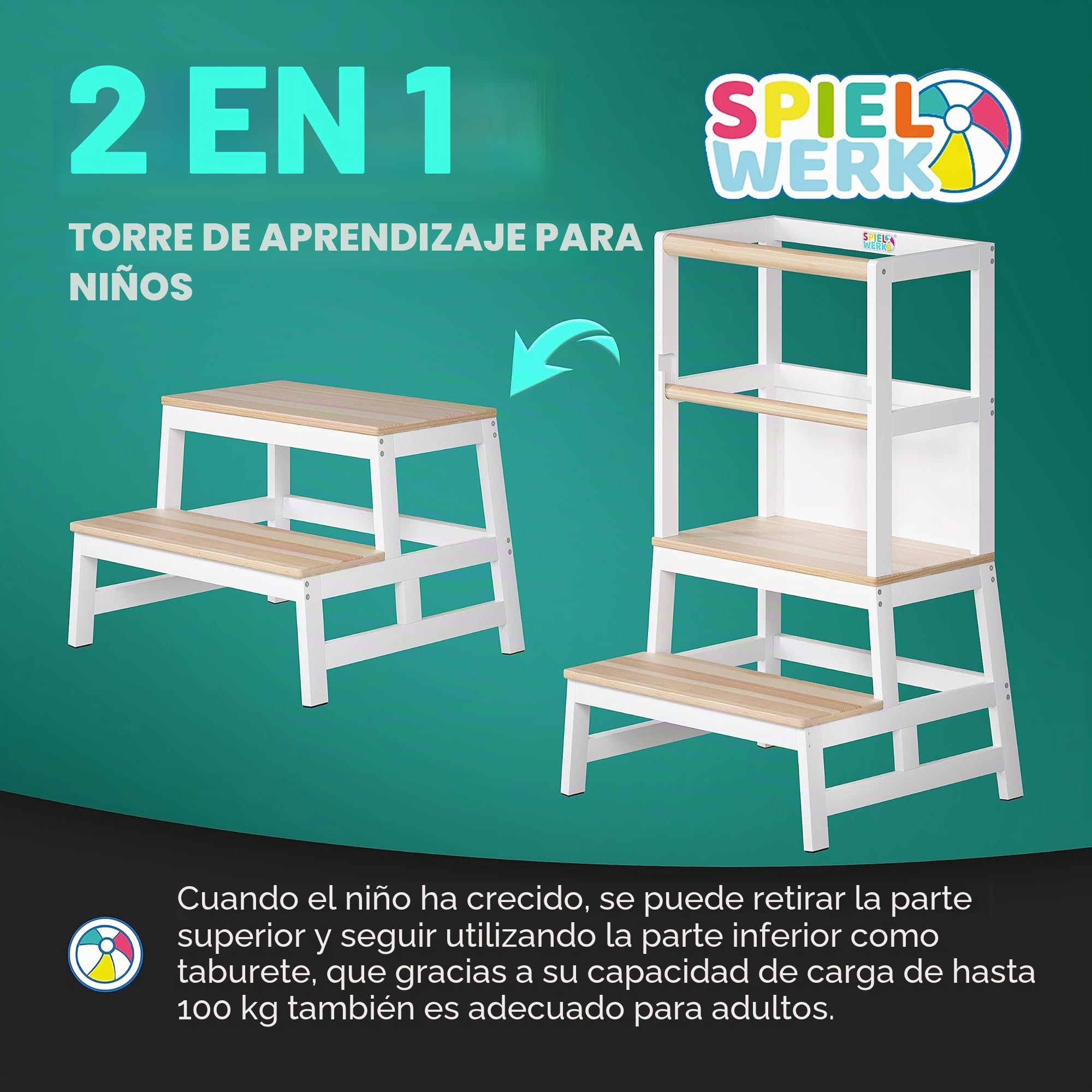 SPIELWERK® Torre de Aprendizaje Montessori Niños 100Kg Taburete Infantil 93cm Antivuelco Madera Pino Blanco