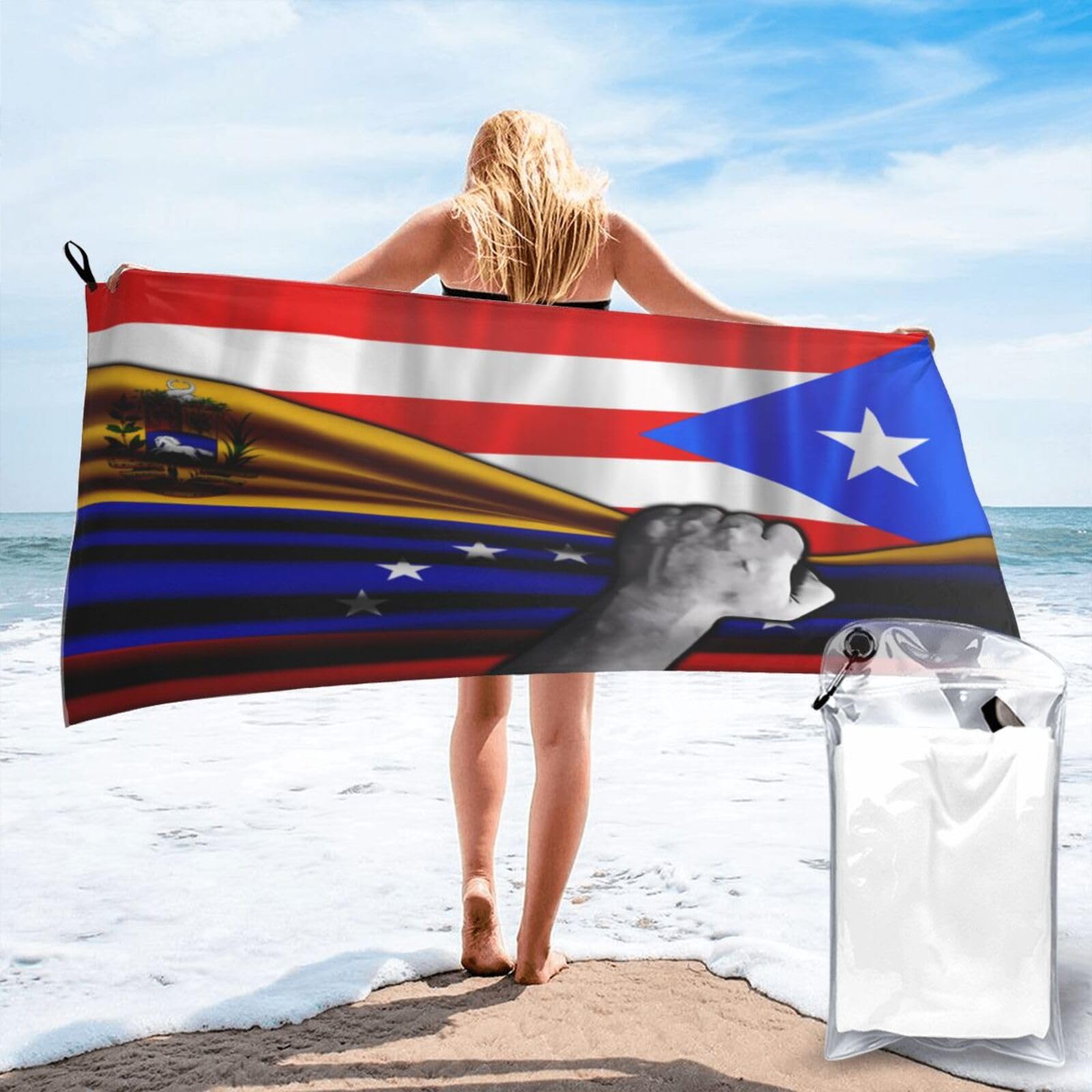 Toalla de playa unisex de 70x140 cm con banderas de Venezuela y Puerto Rico para baño y viaje