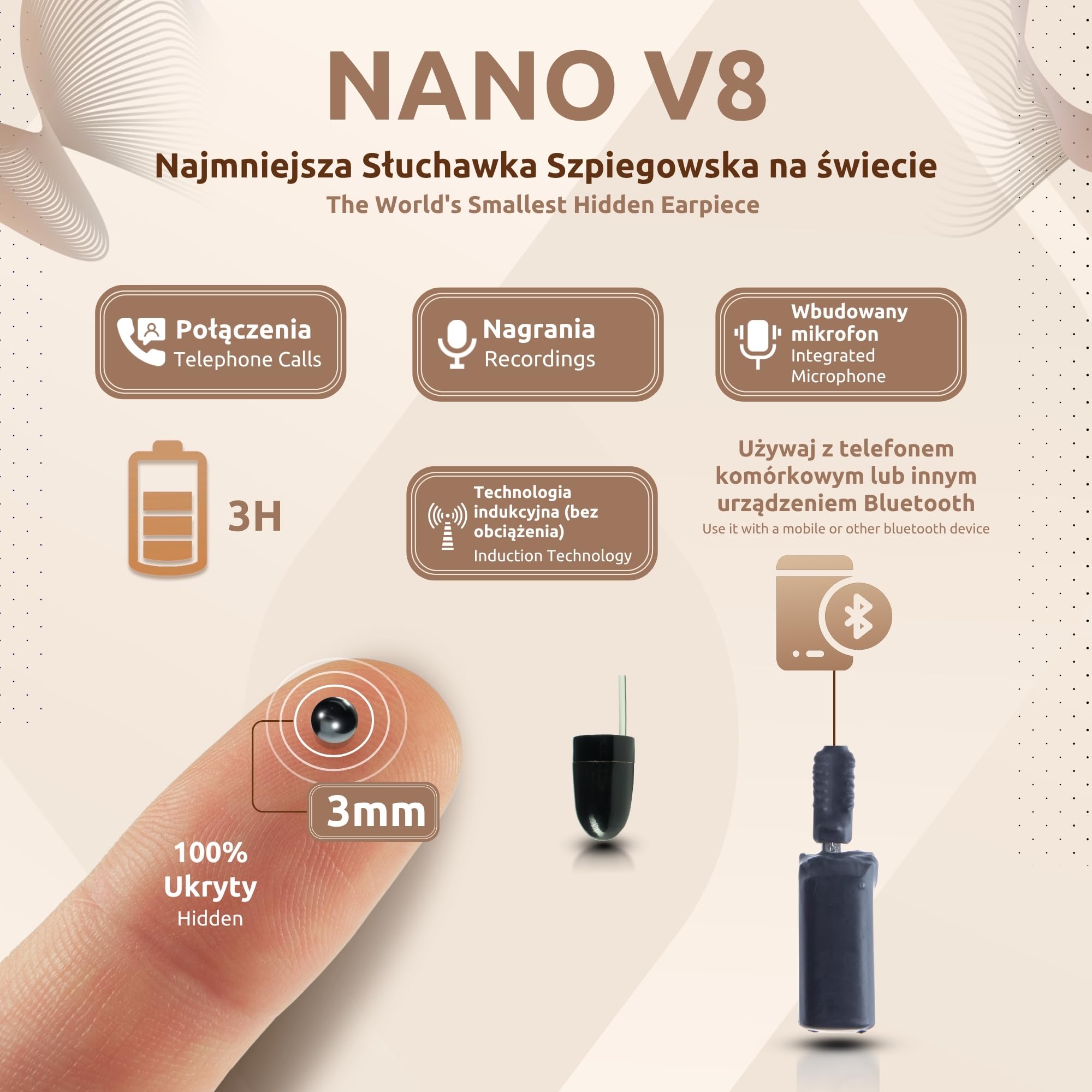 PingaOculto Bluetooth Słuchawka Szpiegowska (Nano V8 + Vip Pro UltraMini) | 2 słuchawki szpiegowskie (Nano i Vip Pro UltraMini), Zintegrowany mikrofon, Rozmowy i nagrania, iPhone i Android, Niewidoczna