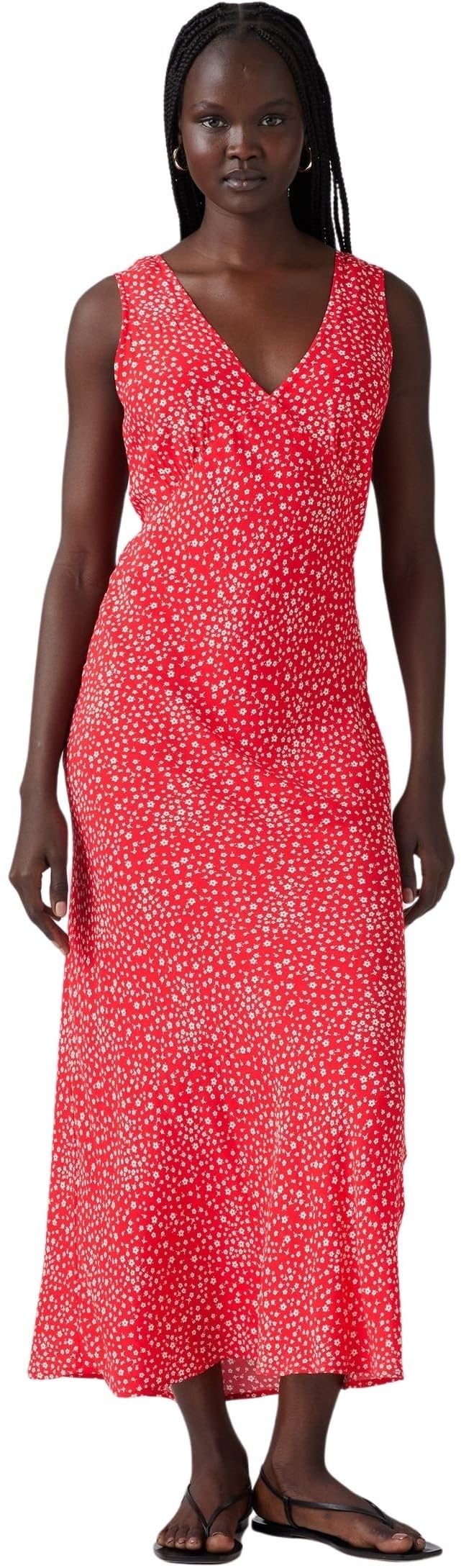 Levi's Women's Maya Fuzzy Dot Earth Red - Red Midi Dress Atalia With V-Neck, Slim Fit, Red (Scattered Floral Hig), L