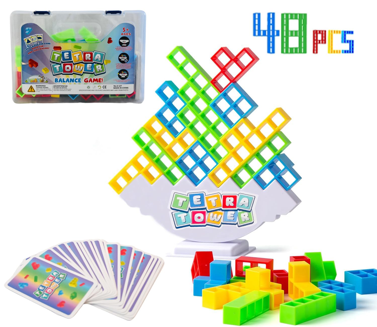 Block Balancing Game - Tetra Tower - 48 Piece Stack Attack for Kids & Adults - Interactive STEM Toy - Building Blocks - Family, Travel, Party Game - 3+