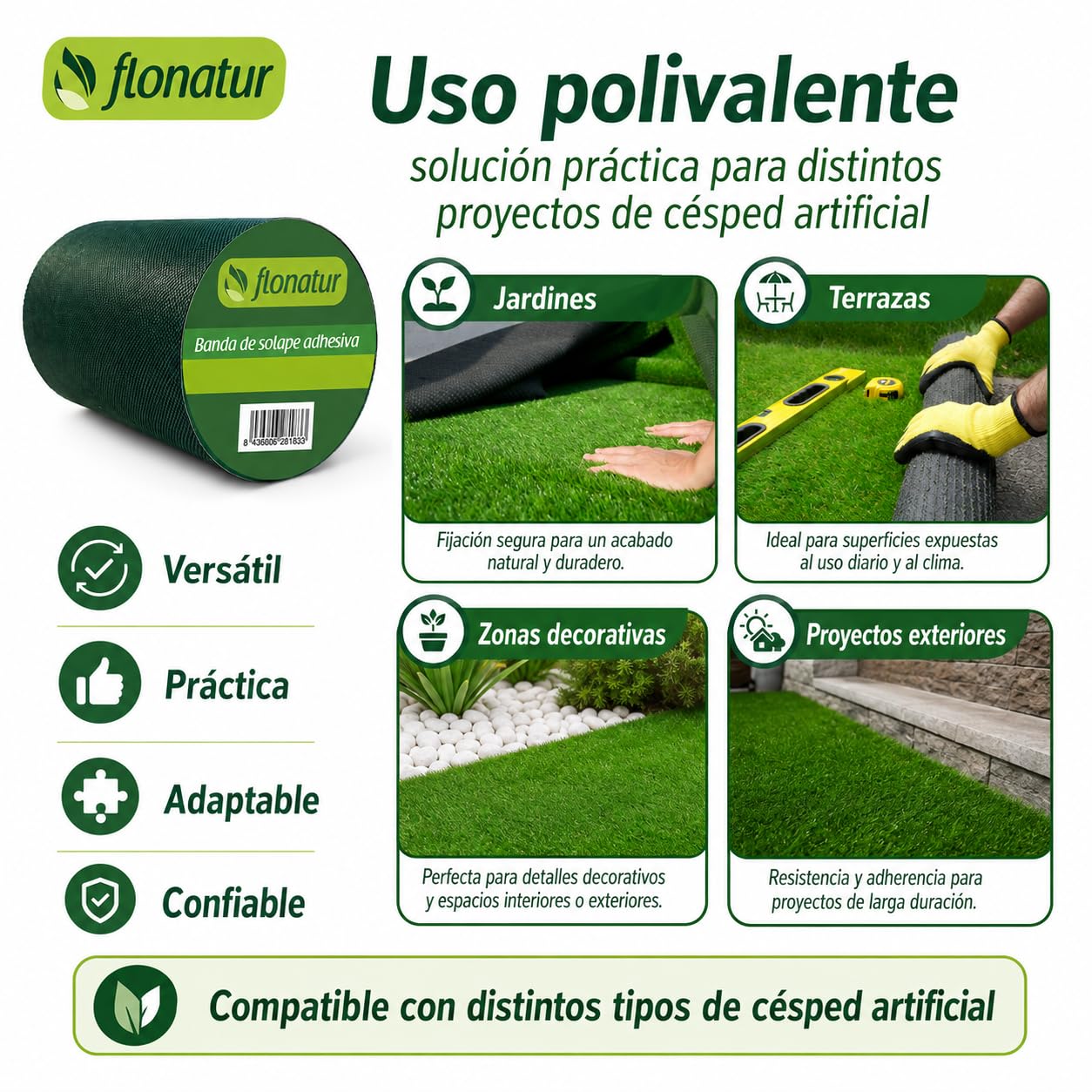 Banda de Solape adhesiva para Césped Artificial - 10m x 15cm | Adhesivo Fuerte | Resistente a la Humedad, Duradero, Interior y Exterior, Unión para moquetas y alfombras