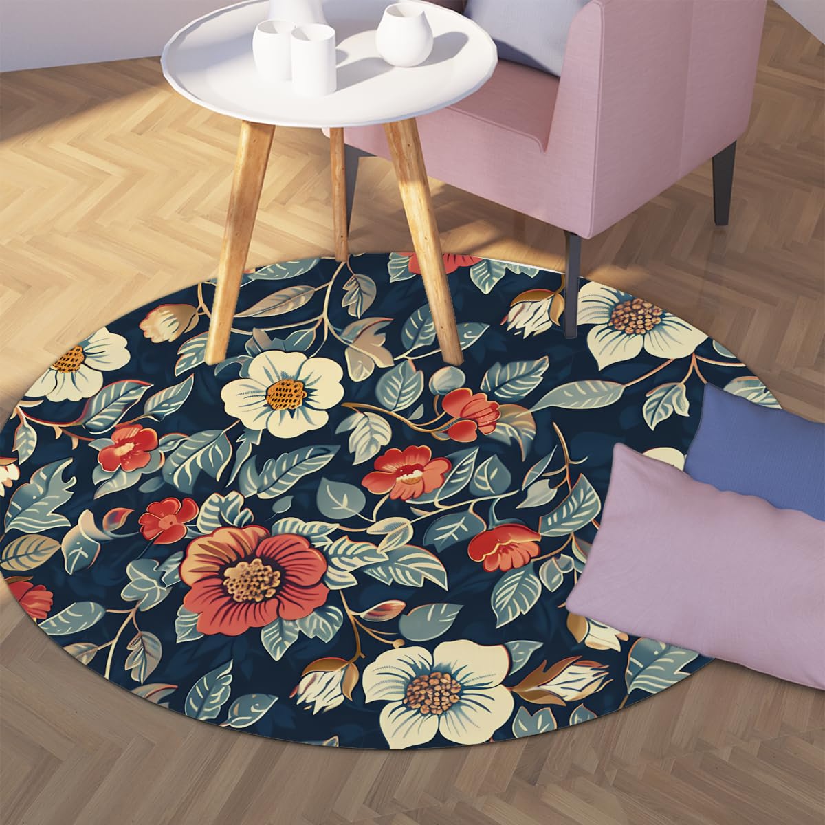 120cm Runder Teppich für Wohnzimmer Vintage-Blumenteppich für Schlafzimmer rutschfest waschbar Kreisbodenmatte elegant botanisch für Esszimmer Wohnkultur
