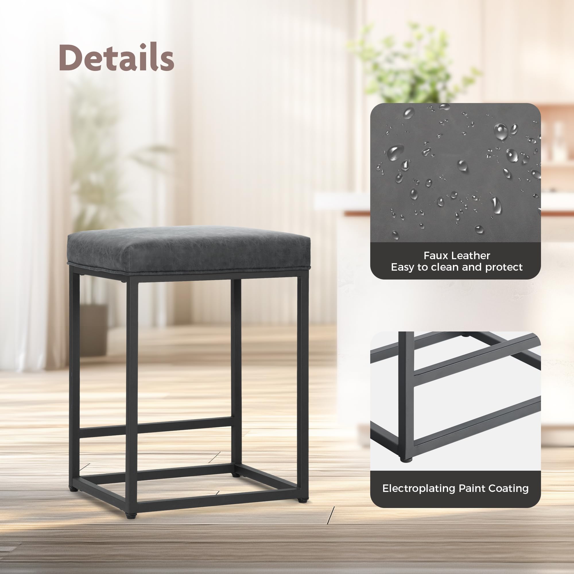 ALPHA HOME 2 taburetes de bar con reposapiés, sillas de cocina, de piel sintética, sin respaldo, taburetes de bar, para interior y exterior, comedor, bar en